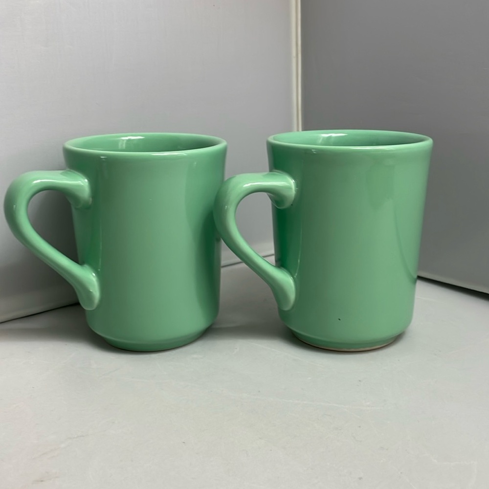 Pair Homer Laughlin Seamist Green Ceramic Coffee Mug Set HLC USA Vintage